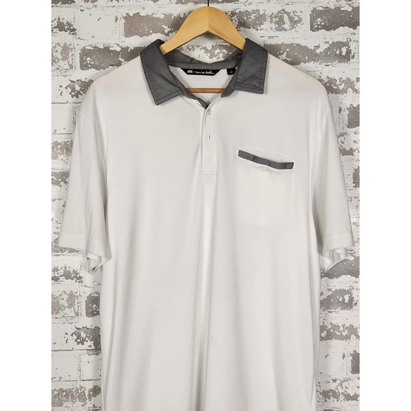 Travis Mathews Golf Polo Mens Large Gray White Pima‎ Cotton Pocket